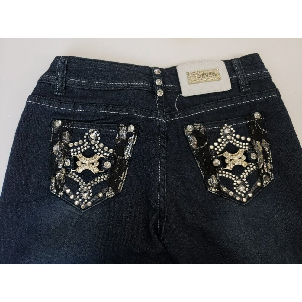 At Seven 7 Juniors Size 1 Blue Skinny Dark Wash Cotton Blend Stretch Jeans Bling